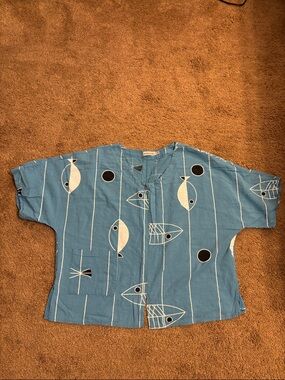 MISSLOOK Blue Fish-Print Button Down Kids Top